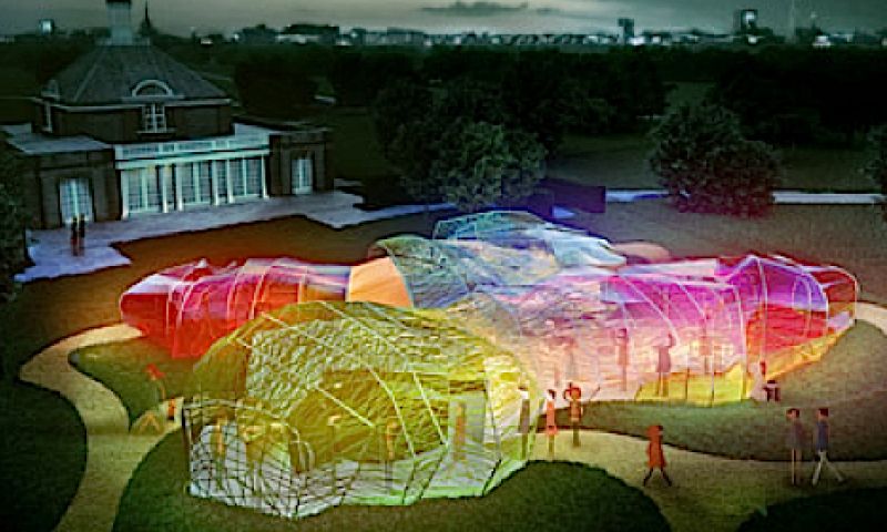 Architectuurparel: paviljoen met transparante kleurrijke 'huid'