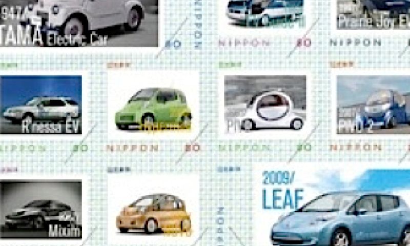 De elektrische auto op postzegels