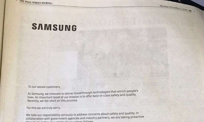 Samsung zegt in grote kranten sorry voor de Note 7