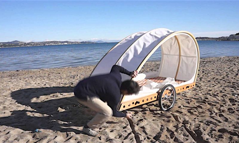 Opvouwbare caravan achter je fiets