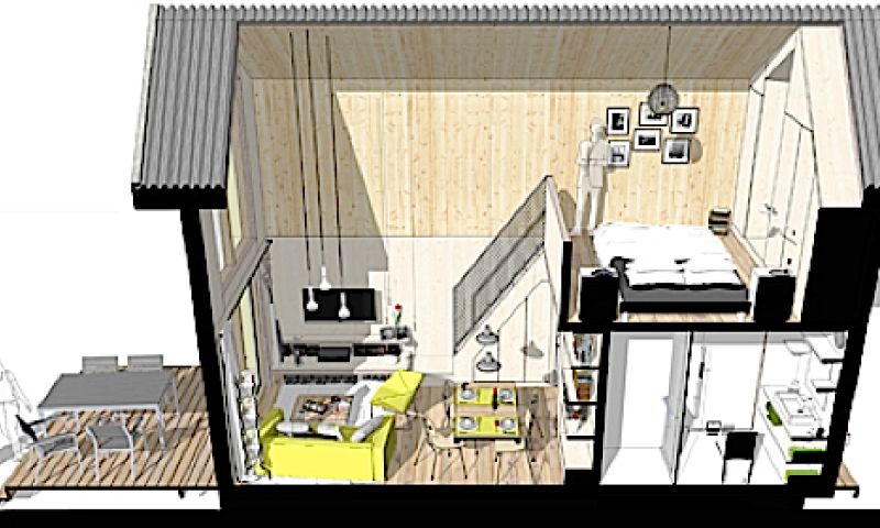 Eenpersoonswoning ONE past op een vrachtwagen