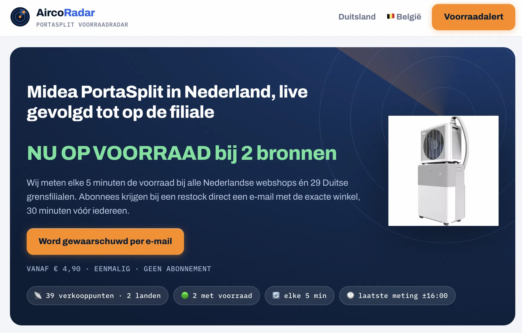Aircoradar.nl houdt bij wanneer virale PortaSplit-airco weer op voorraad is